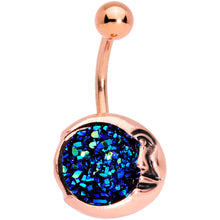 Load image into Gallery viewer, Clear Gem Blue Faux Druzy Rose Gold Tone Peaceful Moon Belly Ring Set
