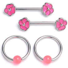 Load image into Gallery viewer, 14G 9/16 1/2 Pink Flower Glow BCR Barbell Nipple Ring Set

