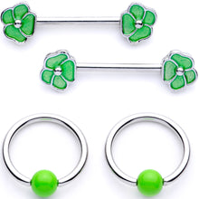 Load image into Gallery viewer, 14G 9/16 1/2 Green Flower BCR Barbell Nipple Ring Set
