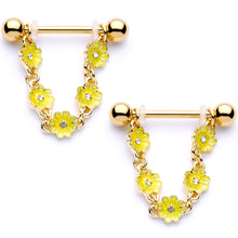 Load image into Gallery viewer, 9/16 Clear Gem Gold Tone Yellow Glow Flower Nipple Ring Set

