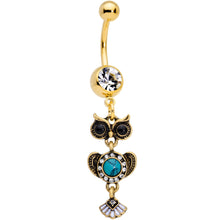 Load image into Gallery viewer, Faux Turquoise Gold Tone Southwestern Wise Old Owl Dangle Belly Ring
