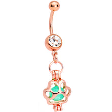 Load image into Gallery viewer, Clear Gem Rose Gold Tone Glow in the Dark Paw Print Dangle Belly Ring
