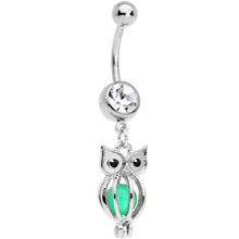 Load image into Gallery viewer, Black Clear Gem Glow in the Dark Owl Dangle Belly Ring
