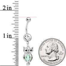 Load image into Gallery viewer, Black Clear Gem Glow in the Dark Owl Dangle Belly Ring
