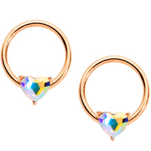 Load image into Gallery viewer, 14G Aurora Gem Rose Gold Tone Heart BCR Barbell Nipple Ring Set
