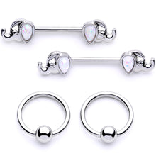 Load image into Gallery viewer, 14G White Faux Opal Elephant BCR Barbell Nipple Ring Set of 4
