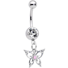 Load image into Gallery viewer, Pink Synthetic Opal Clear Gem Lacy Butterfly Dangle Belly Ring
