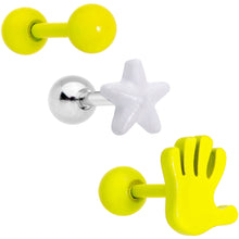 Load image into Gallery viewer, 16G 1/4 Yellow White Glow Star Hand Cartilage Earring Set of 3
