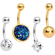 Load image into Gallery viewer, Clear Gem Blue Faux Druzy Gold Tone Belly Ring Set of 4
