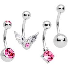 Load image into Gallery viewer, Pink Gem Valentines Day Winged Heart Belly Ring Set of 4

