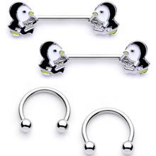 Load image into Gallery viewer, 14G 9/16 1/2 Winter Penguins Horseshoe Barbell Nipple Ring Set

