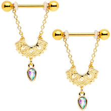 Load image into Gallery viewer, 14G 9/16 Aurora Gem Gold Tone Fan Dangle Barbell Nipple Ring Set
