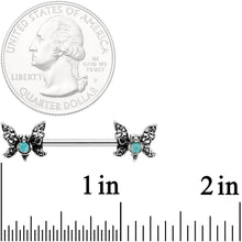 Load image into Gallery viewer, 14G 9/16 Green Faux Opal Lacy Butterfly Barbell Nipple Ring Set
