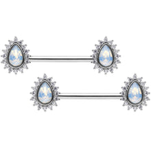 Load image into Gallery viewer, 14G Clear CZ Gem White Faux Opal Tear Barbell Nipple Ring Set
