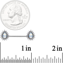 Load image into Gallery viewer, 14G Clear CZ Gem White Faux Opal Tear Barbell Nipple Ring Set
