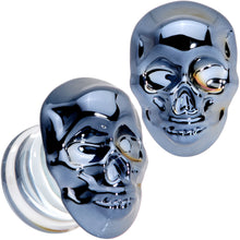 Load image into Gallery viewer, Dark Blue Glass Smiling Halloween Skull Double Flare Plug Set
