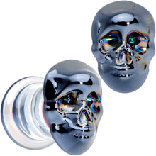 Load image into Gallery viewer, Dark Blue Glass Smiling Halloween Skull Double Flare Plug Set
