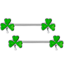 Load image into Gallery viewer, 14G 5/8 St Patricks Day Green Shamrock Barbell Nipple Ring Set
