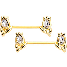 Load image into Gallery viewer, 14G Clear Gem Gold Tone Flowers BCR Barbell Nipple Ring Set
