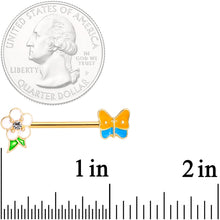 Load image into Gallery viewer, 14G Gold Tone Spring Butterfly Flower Barbell Nipple Ring Set
