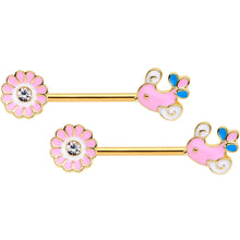 Load image into Gallery viewer, 14G 9/16 Gold Tone Pink Bird Flower Barbell Nipple Ring Set

