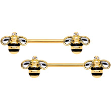 Load image into Gallery viewer, 14G 9/16 Clear Gem Gold Tone Bumblebee Bling Nipple Ring Set
