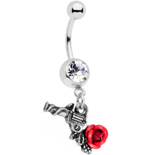 Load image into Gallery viewer, Clear Gem Red Rose Flower and Gun Dangle Belly Ring
