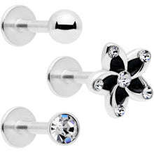Load image into Gallery viewer, 16G 5/16 Clear Gem Black Flower Labret Set of 3
