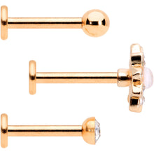 Load image into Gallery viewer, 16G 5/16 White Faux Opal Rose Gold Tone Flower Labret Set of 3
