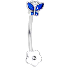 Load image into Gallery viewer, 16G 3/8 Clear Gem Blue Butterfly Flower Curved Eyebrow Ring
