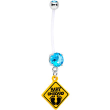 Load image into Gallery viewer, Aqua CZ Gem Baby on Board Sign Dangle Pregnancy Belly Ring
