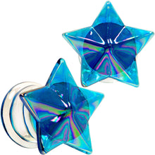 Load image into Gallery viewer, 2G Blue Aurora Glass Faceted Star Double Flare Plug Set 6mm to 16mm Sizes
