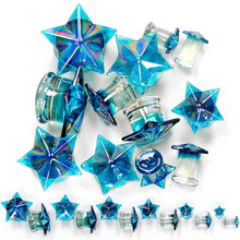 Load image into Gallery viewer, 2G Blue Aurora Glass Faceted Star Double Flare Plug Set 6mm to 16mm Sizes
