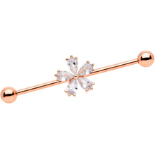 Load image into Gallery viewer, 14G Clear CZ Gem Rose Gold Tone Petal Industrial Barbell 38mm
