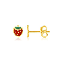 Load image into Gallery viewer, 14k Yellow Gold Enameled Strawberry Childrens Earrings

