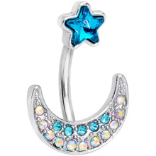 Load image into Gallery viewer, Clear Blue Aurora Gem Moon and Star Twisted Belly Ring Set of 3
