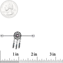 Load image into Gallery viewer, 14G Pink Faux Opal Feather Dreamcatcher Dangle Industrial Barbell 38mm
