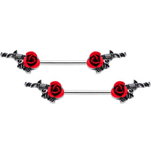 Load image into Gallery viewer, 14G 9/16 Red Rose Flower and Gun Barbell Nipple Ring Set

