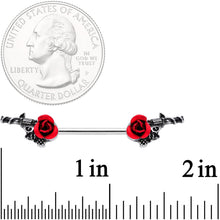 Load image into Gallery viewer, 14G 9/16 Red Rose Flower and Gun Barbell Nipple Ring Set
