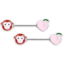 Load image into Gallery viewer, 14G 9/16 Peach and Monkey Barbell Nipple Ring Set
