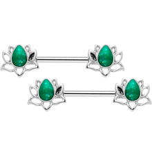 Load image into Gallery viewer, 14G 9/16 Green Faux Opal Lotus Flower Barbell Nipple Ring Set
