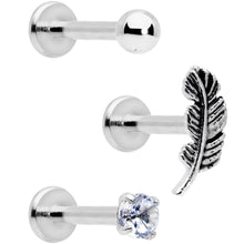 Load image into Gallery viewer, 16G 5/16 Clear Gem Feather Internally Threaded Labret Set of 3
