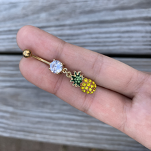 Load image into Gallery viewer, Clear Yellow Green Gem Gold Tone Tropical Pineapple Dangle Belly Ring
