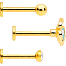 Load image into Gallery viewer, 16G 5/16 Clear Gem Gold Tone Blue Pansy Labret Set of 3
