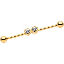 Load image into Gallery viewer, 14G Clear Gem Gold Tone Double Drama Industrial Barbell 38mm
