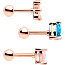 Load image into Gallery viewer, 16G 1/4 Blue Clear CZ Rose Gold Tone Triangle Tragus Set of 3

