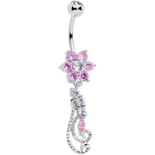 Load image into Gallery viewer, Clear Pink CZ Gem Floral Flourish Dangle Belly Ring
