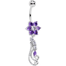 Load image into Gallery viewer, Clear Purple CZ Gem Floral Flourish Dangle Belly Ring
