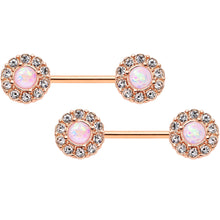 Load image into Gallery viewer, 14G 9/16 White Faux Opal Rose Gold Tone Wreath Nipple Ring Set
