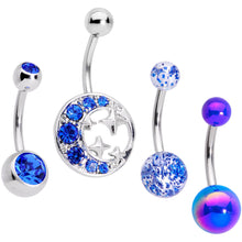 Load image into Gallery viewer, Blue Gem Variety Party Crescent Moon Star Belly Ring Set of 4

